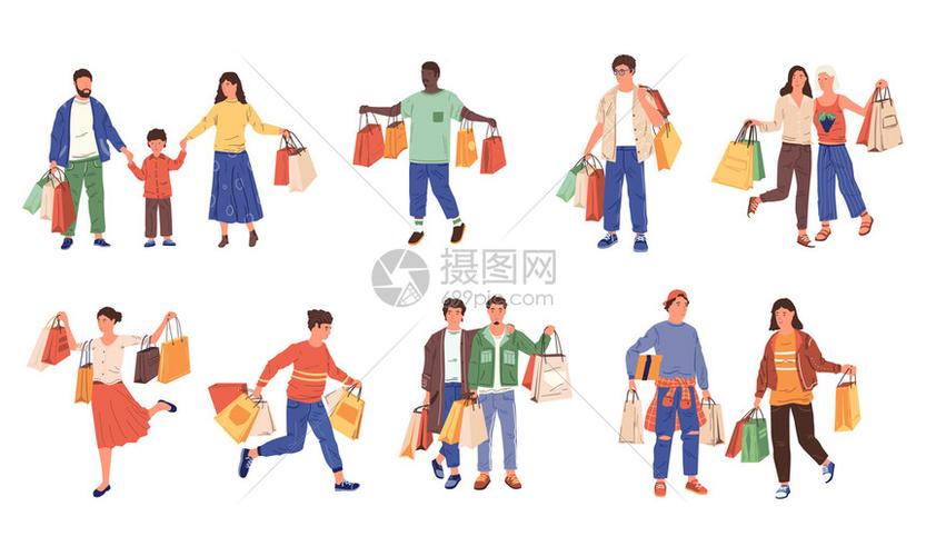 型购物袋的男女季节销售时设置的矢量人物商店零售和拜会在商场和店装